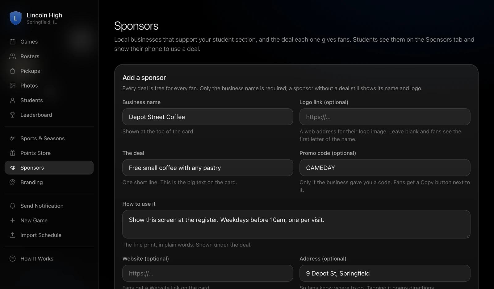 The GrandStand dashboard with a sponsor being added: business name, the deal, a promo code, how to use it, website, address and valid-until fields, with the sidebar of dashboard pages on the left