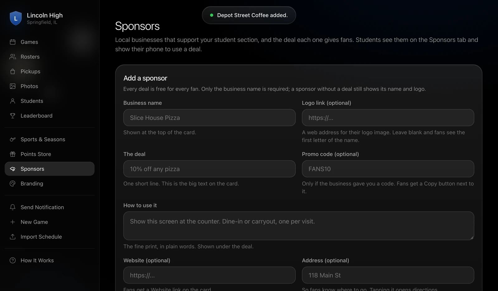 The GrandStand admin dashboard on the Sponsors page, with a sidebar listing Games, Rosters, Pickups, Photos, Students, Leaderboard, Sports and Seasons, Points Store, Sponsors, Branding, Send Notification, New Game and Import Schedule