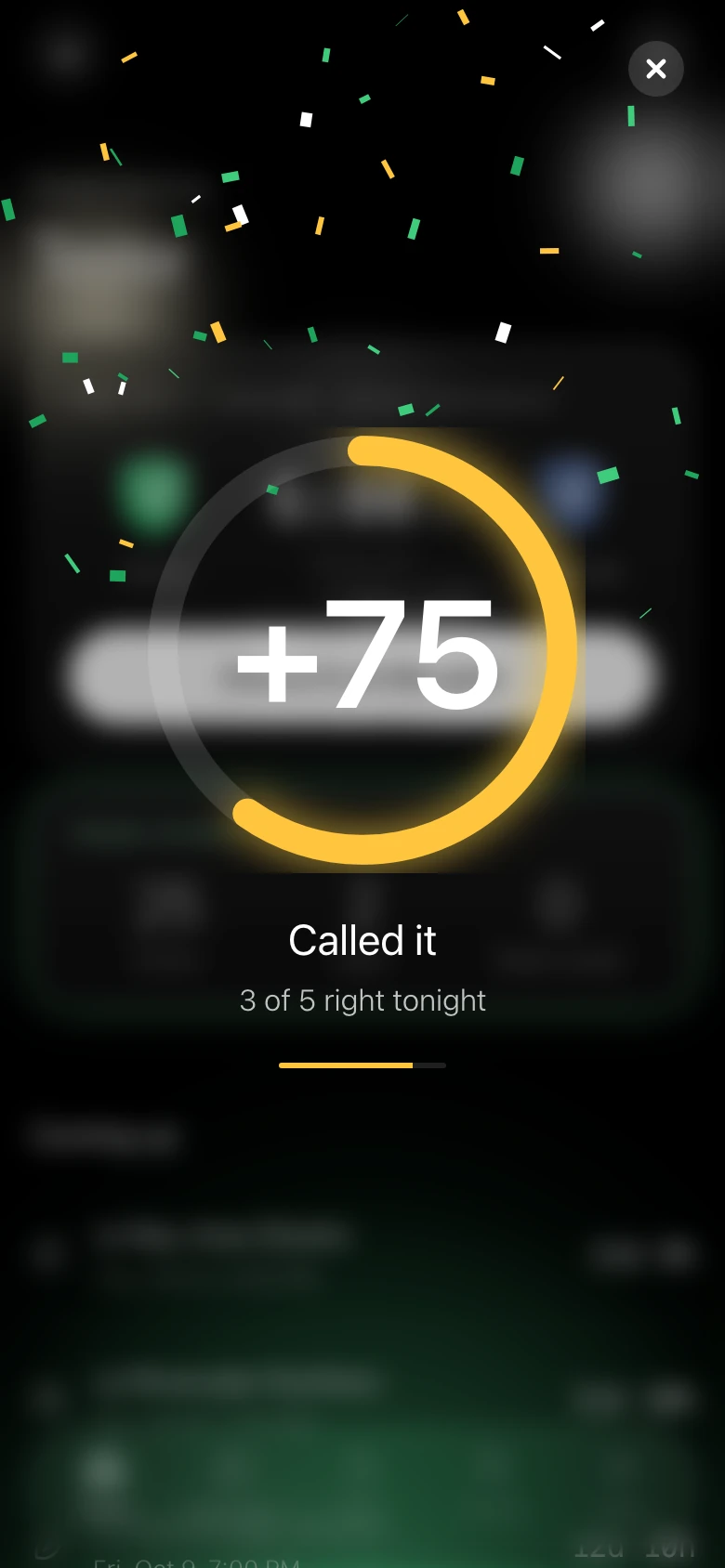 The points moment: a gold ring around plus 75 with confetti, the words Called it, and 3 of 5 right tonight