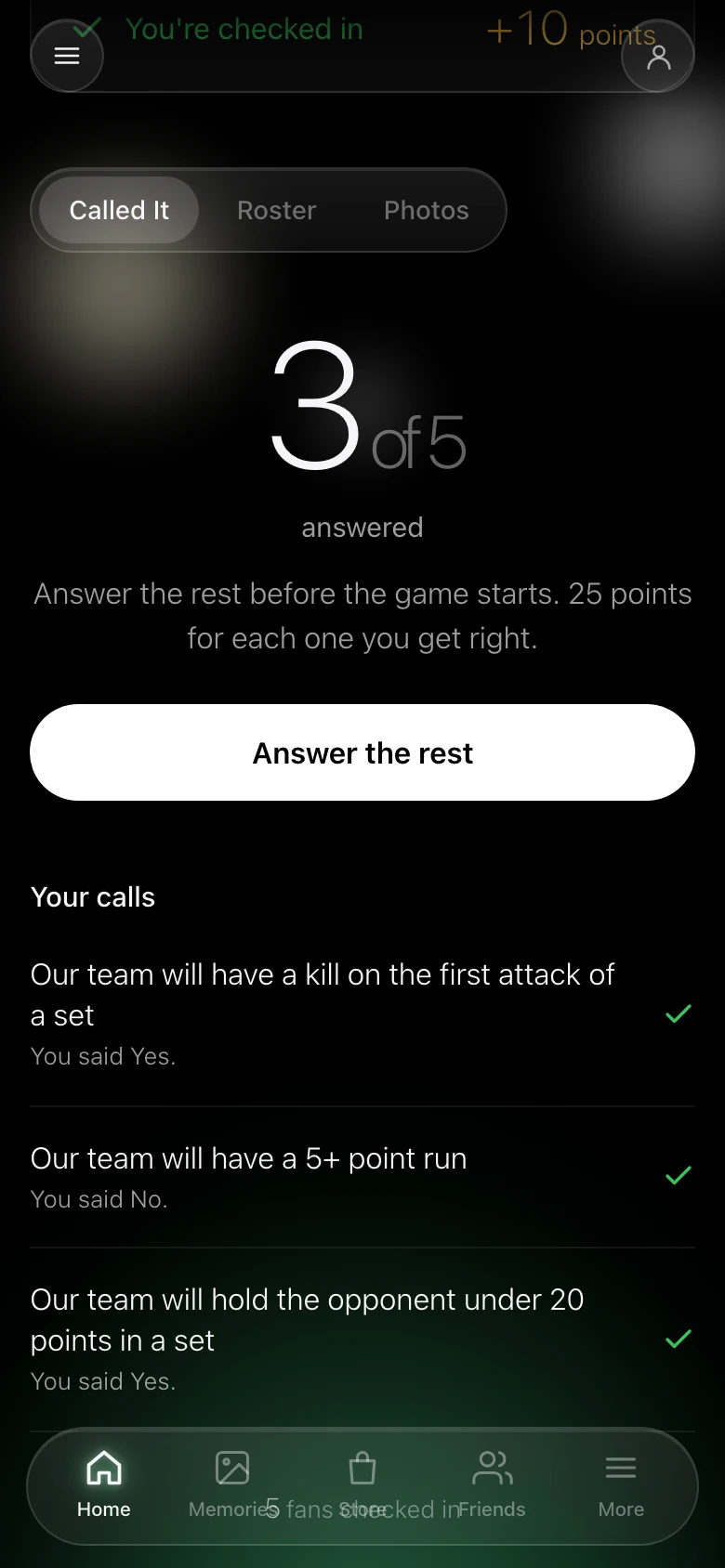 A game's Called It tab, showing 3 of 5 calls answered, each about our team, with results to post after the game