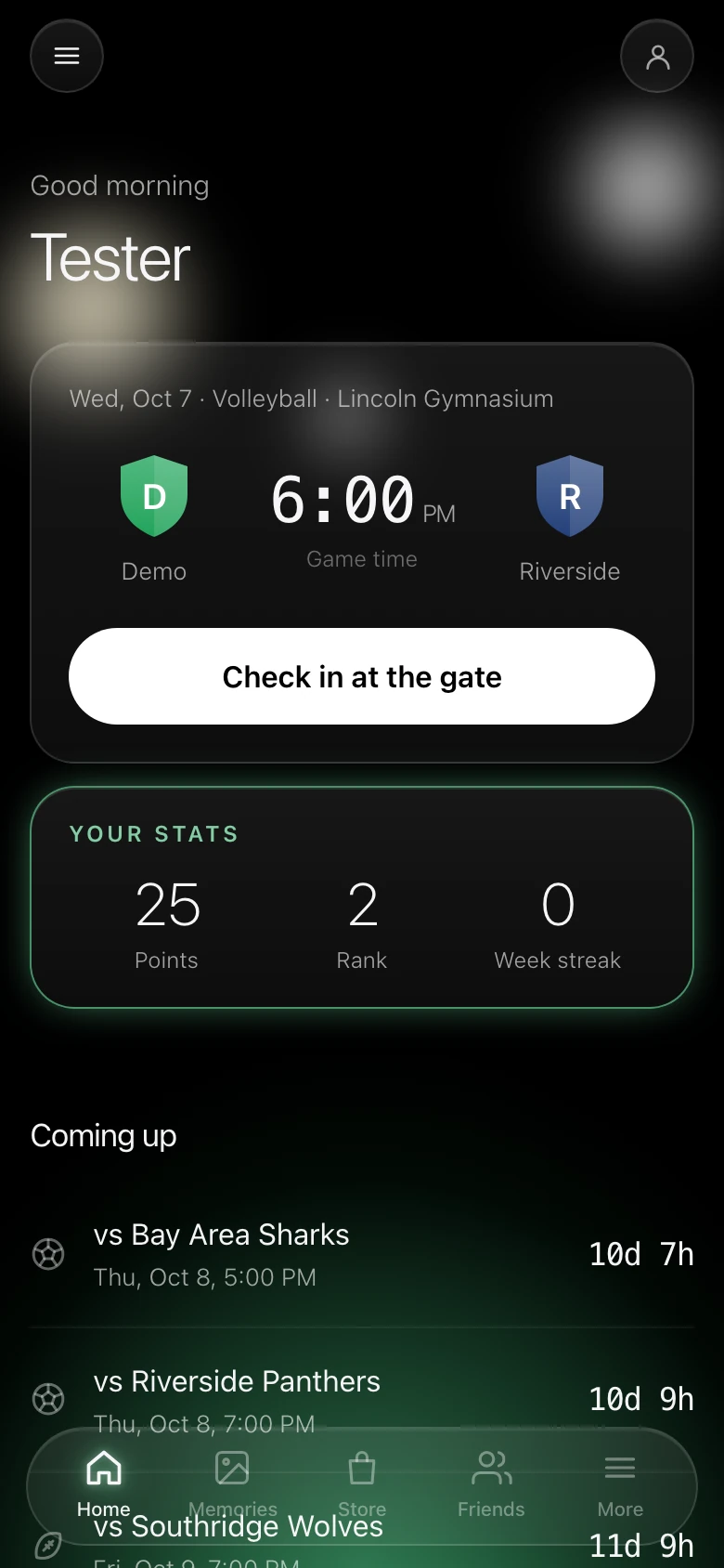 The GrandStand home screen on a game day, showing tonight's volleyball game, a Check in at the gate button, and the student's season points and rank