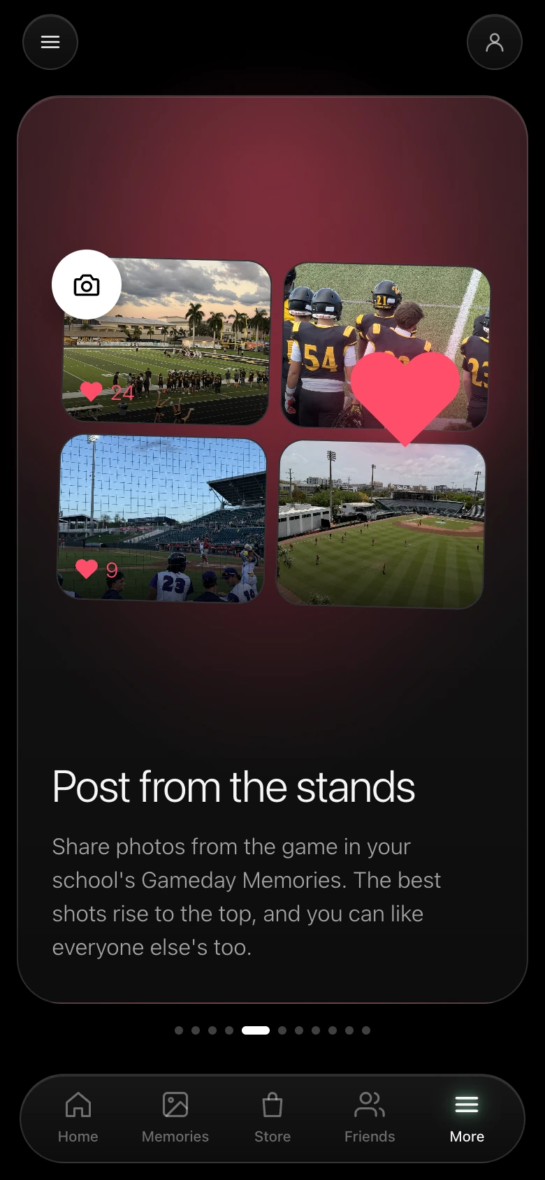 An explainer screen titled Post from the stands, showing a grid of four game photos with hearts