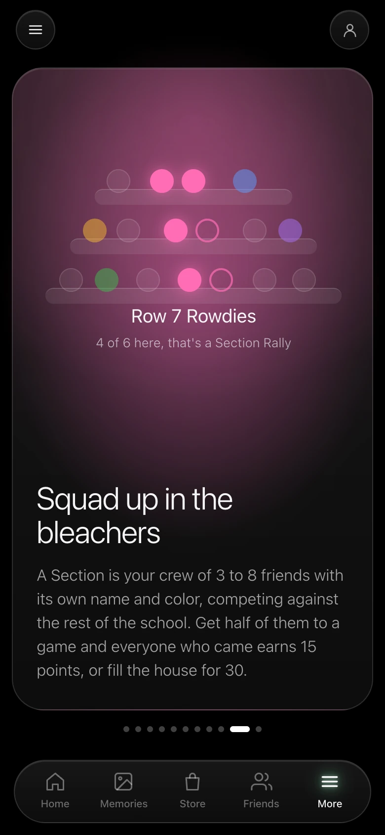 An explainer screen titled Squad up in the bleachers, describing a Section as a crew of 3 to 8 friends with its own name and color