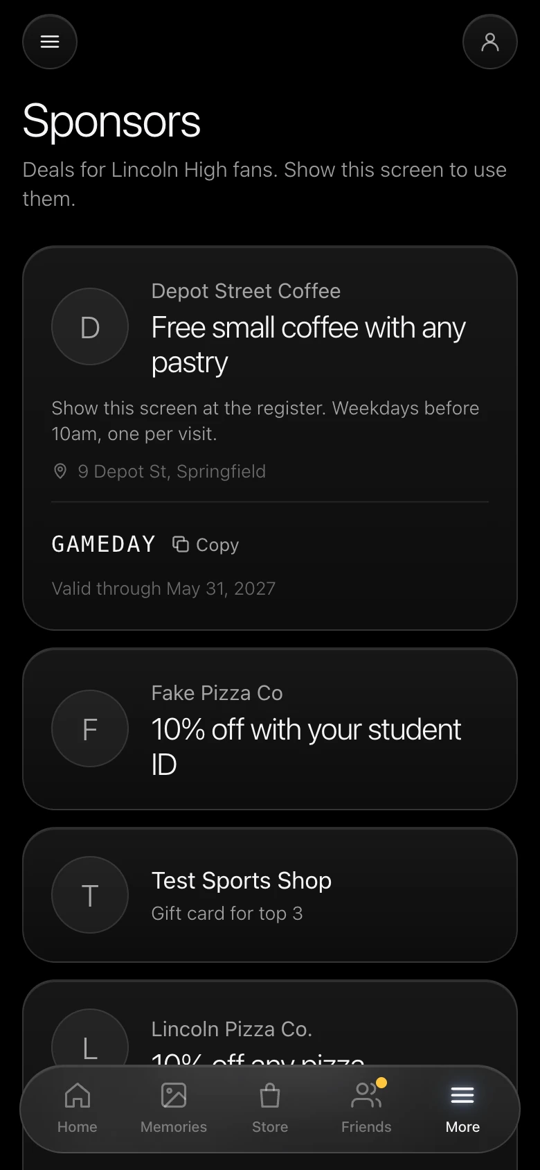 The Sponsors tab in the student app, listing local businesses with deals such as a free small coffee with any pastry and a promo code to copy