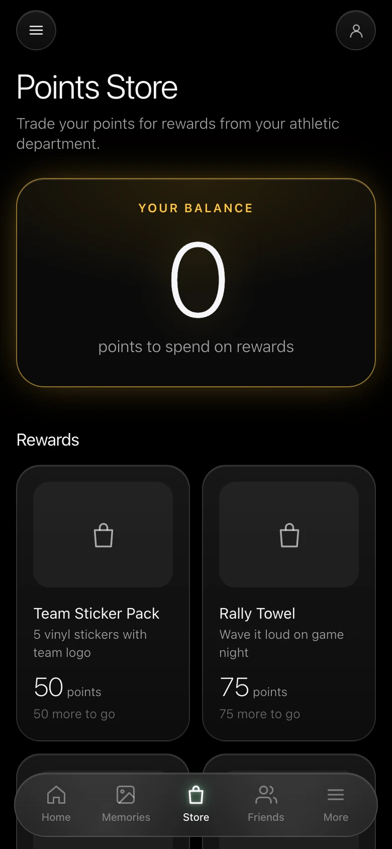 The Points Store, showing a balance and rewards such as a team sticker pack for 50 points and a rally towel for 75